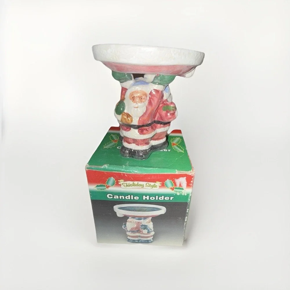 Holiday Style Ceramic Santa Claus Candle Holder Iridescent Green Basin with Box
